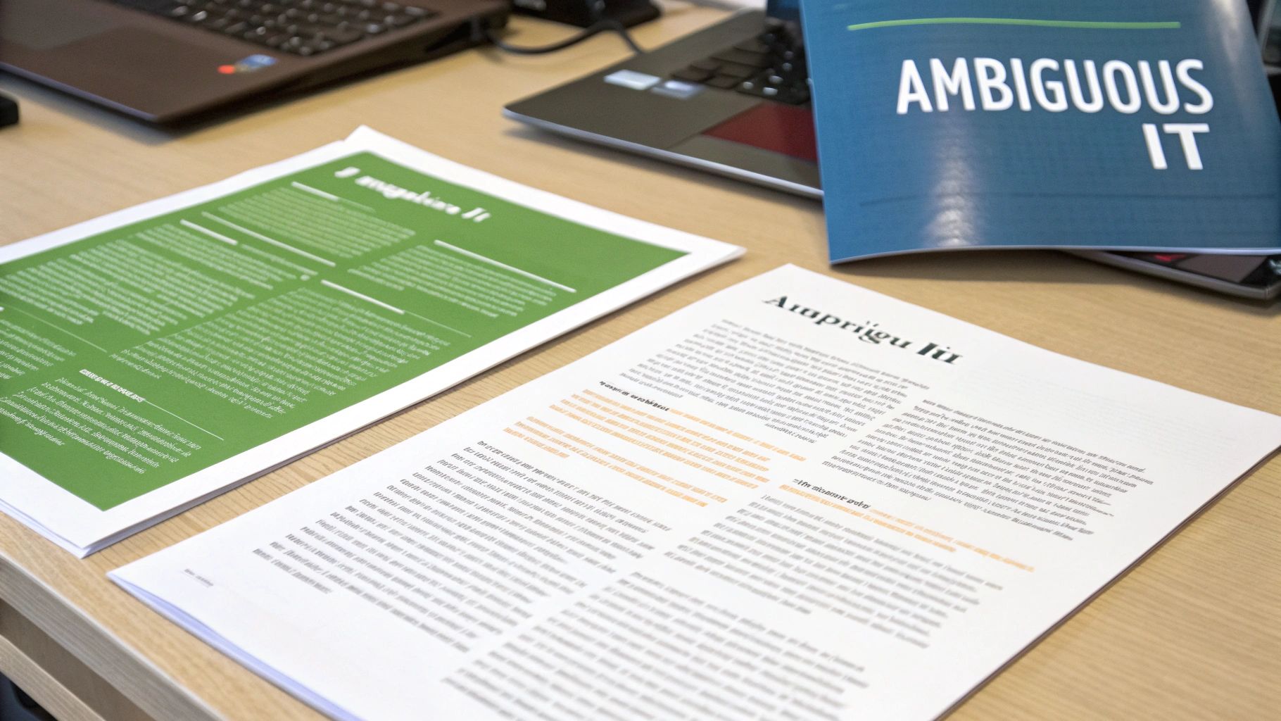 Documents, one with green text, and a blue magazine titled 'AMBIGUOUS IT' on a wooden desk.