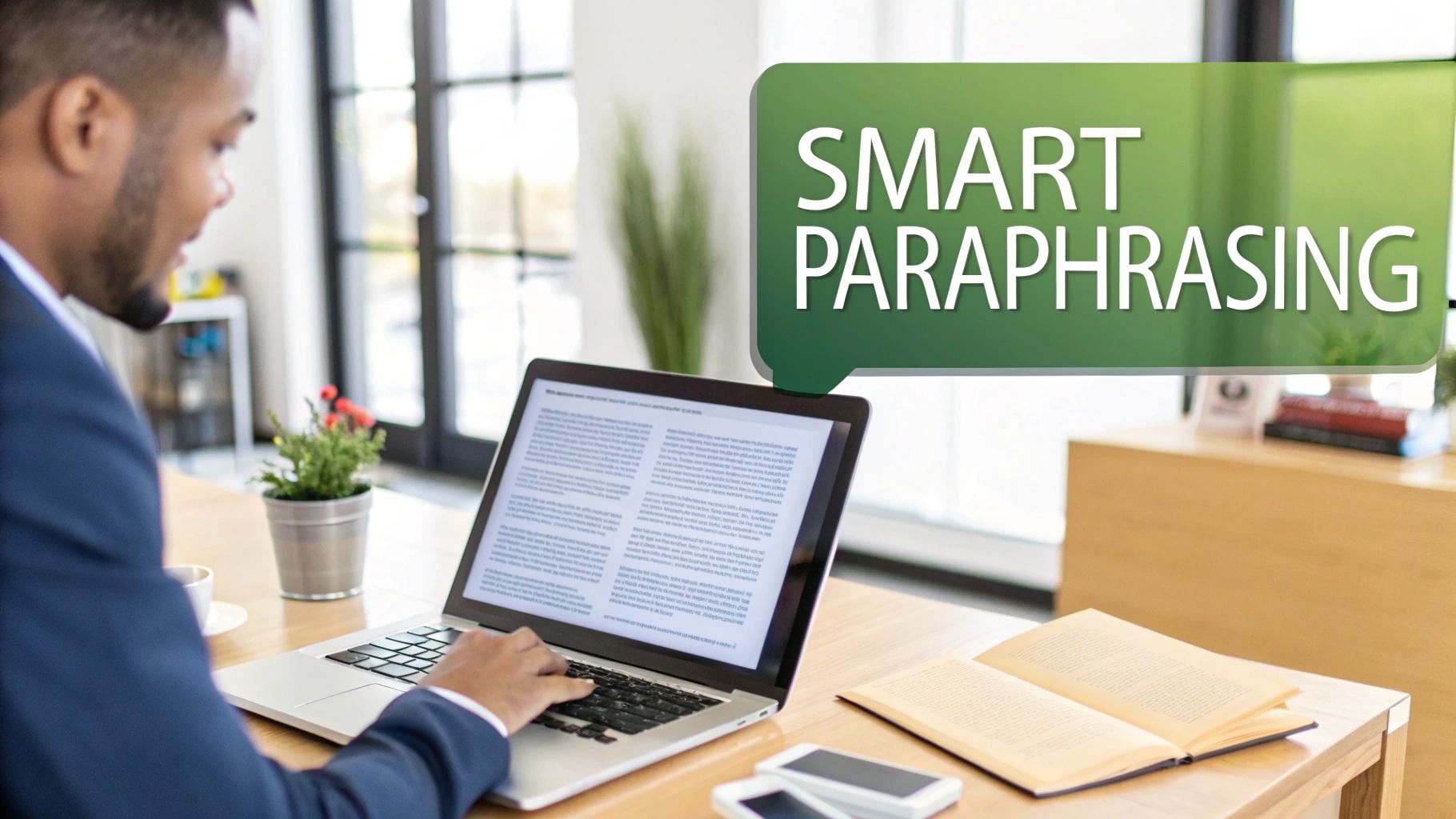 A professional woman working on a laptop, illustrating the use of ChatGPT for paraphrasing tasks.