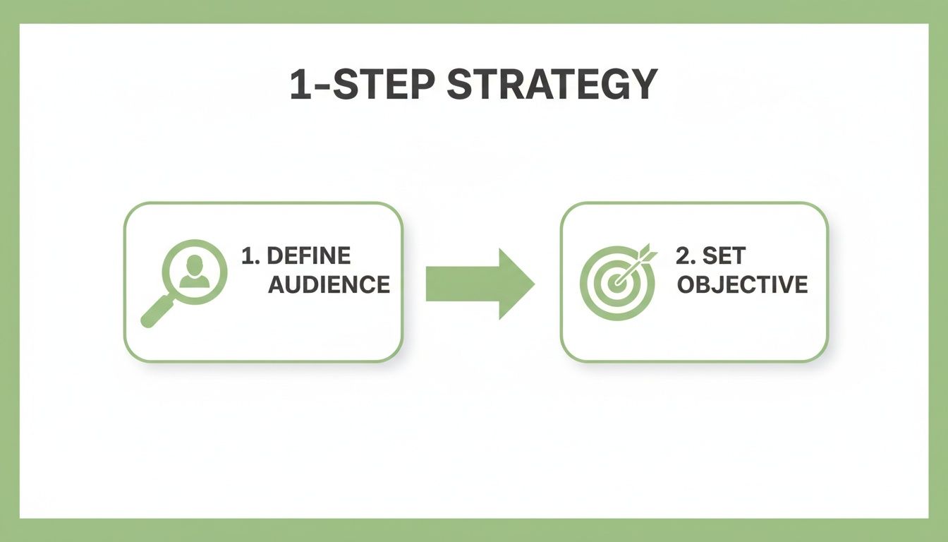 A green and white diagram illustrating a 1-step strategy: Define Audience and Set Objective.