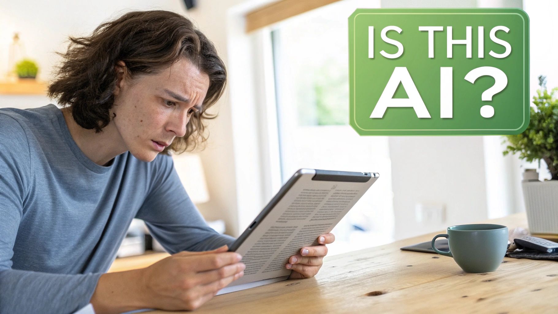 A person's eye looking closely at text on a screen, representing the act of scrutinizing content for AI giveaways.