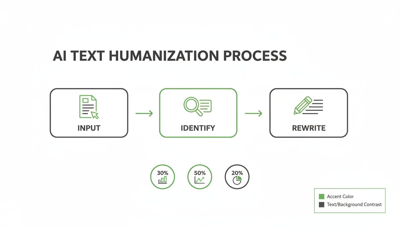 Flowchart illustrating the AI text humanization process: Input, Identify, and Rewrite stages, with percentages.