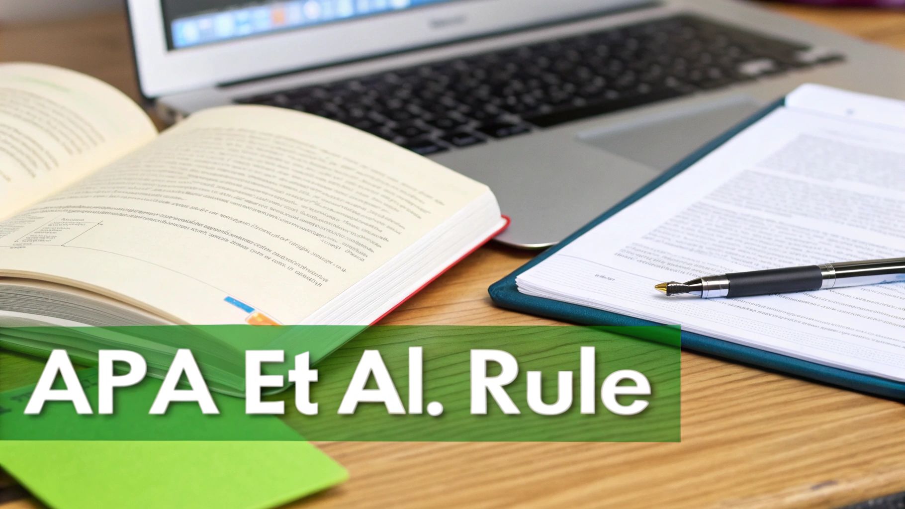 A study desk with an open book, laptop, document, and pen, illustrating the APA Et Al. Rule.