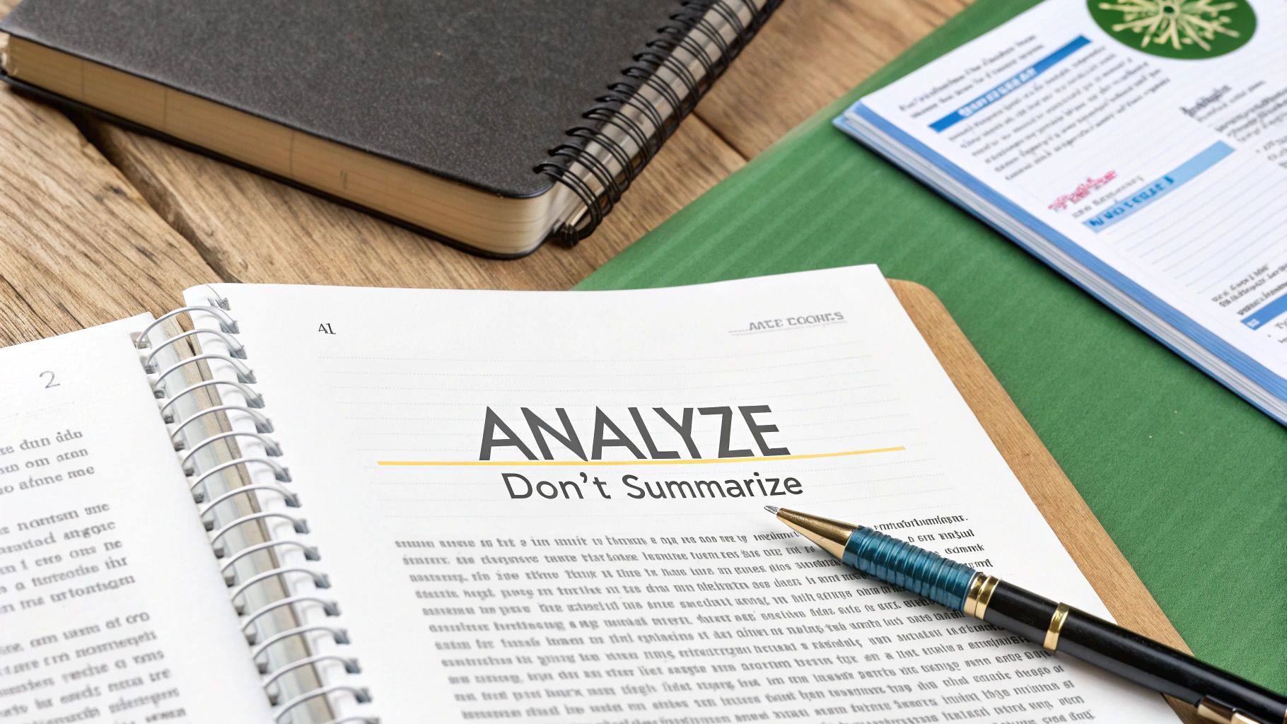 An open spiral notebook on a wooden desk with 'ANALYZE Don't Summarize' text, a pen, and other study materials.