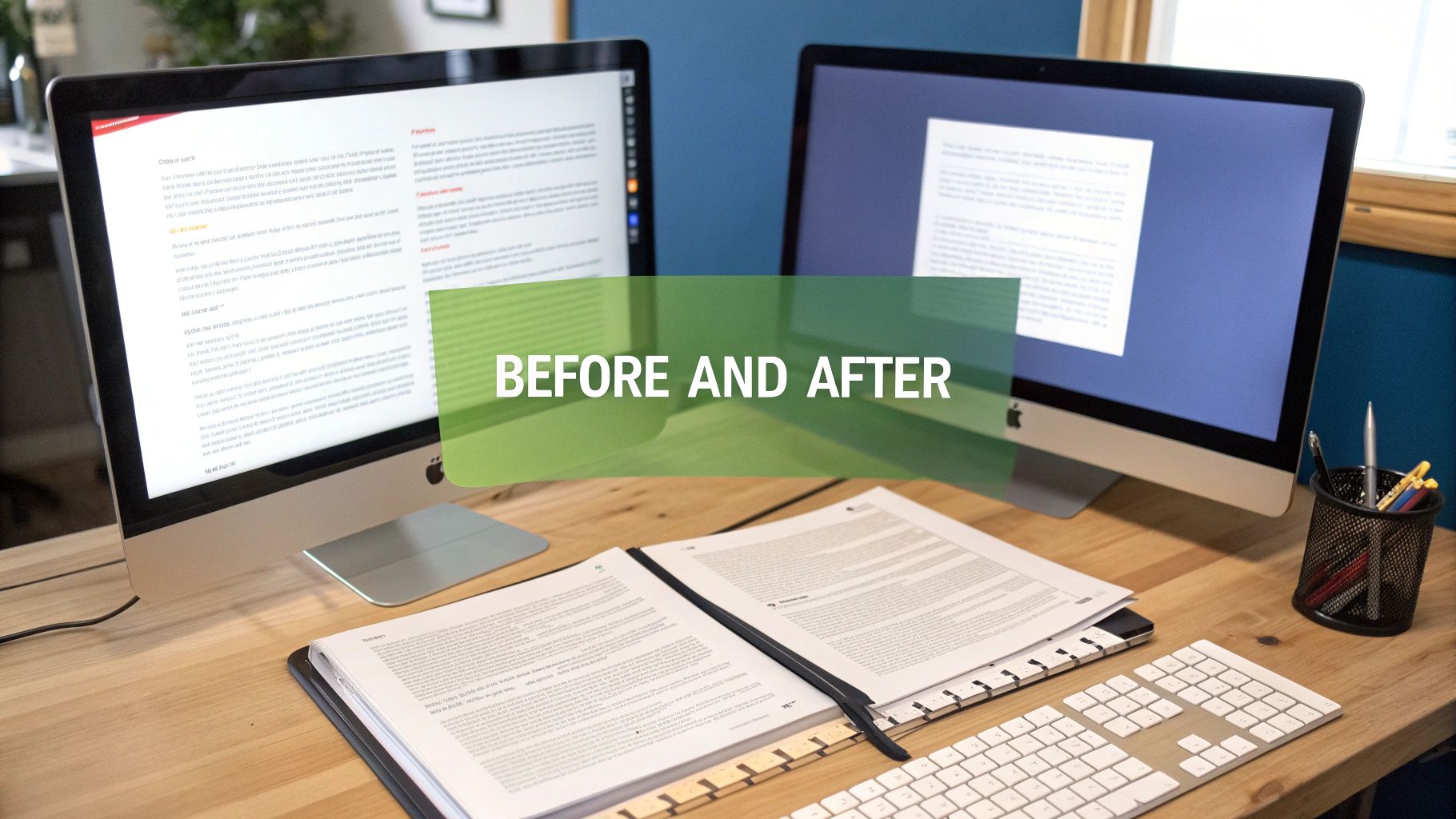 Two iMac computers and open documents on a wooden desk, with a 'BEFORE AND AFTER' overlay.