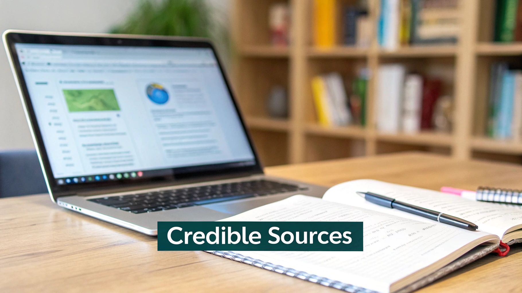 A laptop, open notebook, and pen on a desk, representing research and learning, with 'Credible Sources' text.
