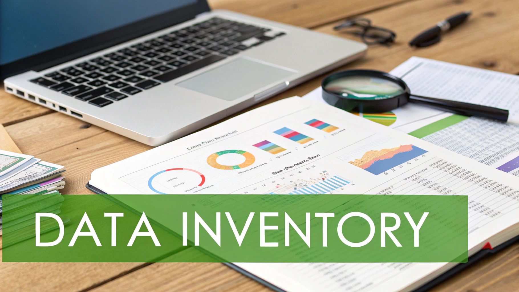 A desk with a laptop, documents with charts, a magnifying glass, and 'DATA INVENTORY' text overlay.
