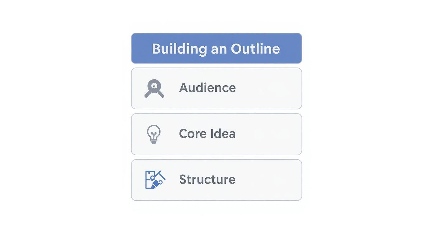 A simple graphic showing steps for building an outline, including audience, core idea, and structure.