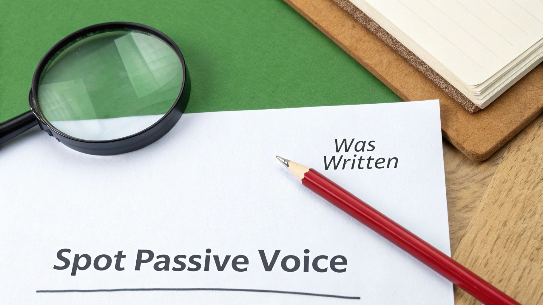 A magnifying glass and a red pencil on paper showing 'Spot Passive Voice' and 'Was Written', with a notebook.