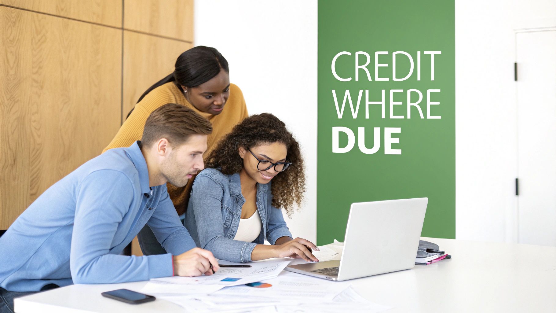 Three diverse students collaborate, discussing documents and typing on a laptop in a modern study space.