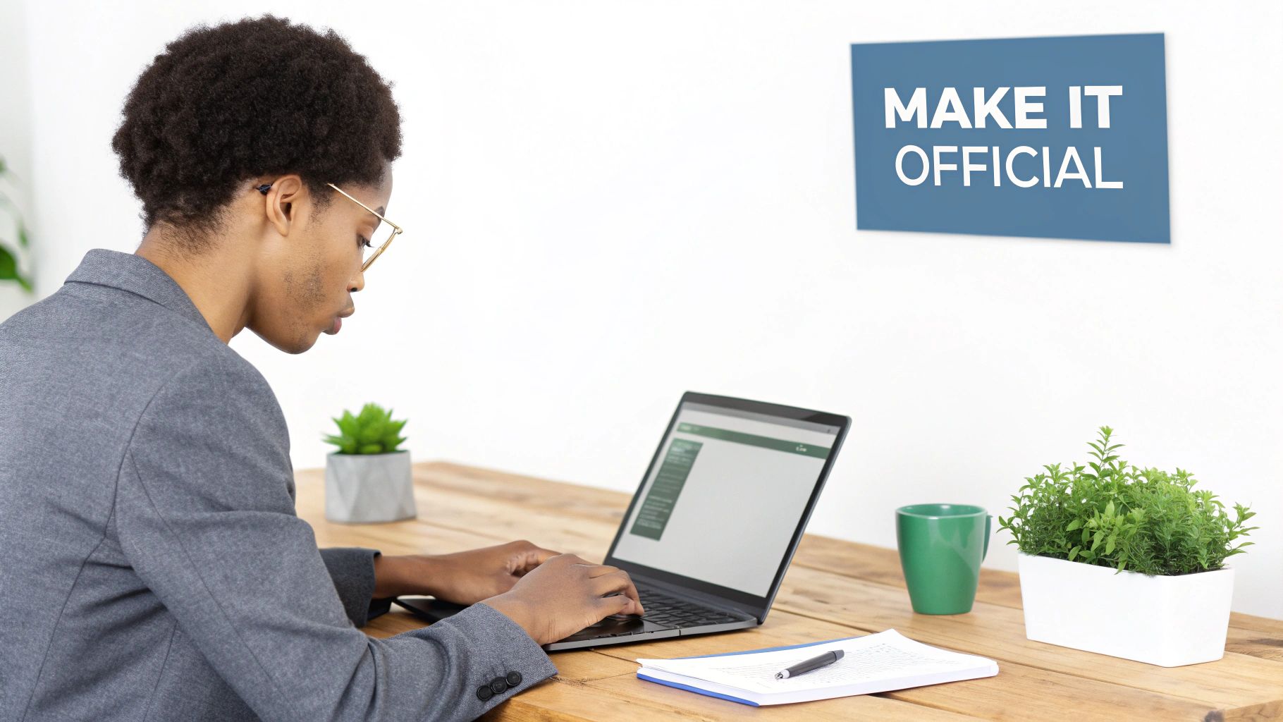 A young person types on a laptop at a wooden desk with plants and a 'MAKE IT OFFICIAL' sign.