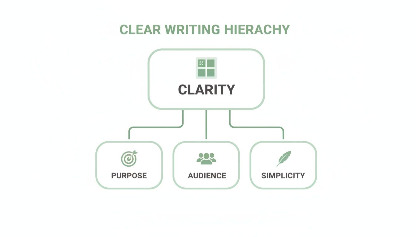 A clear writing hierarchy flowchart showing Clarity at the top, supported by Purpose, Audience, and Simplicity.