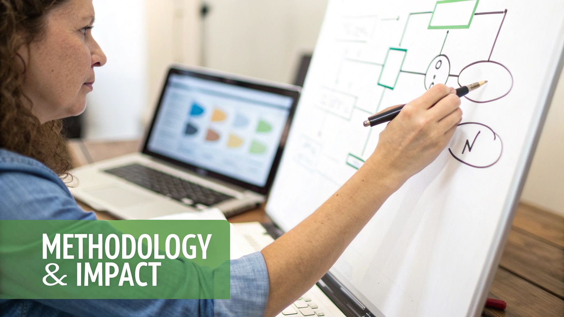 Researcher outlining methodology and impact, drawing a diagram on a whiteboard with laptop data.