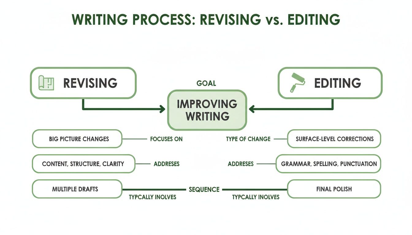 Diagram comparing revising and editing processes, highlighting their distinct approaches to improving writing.