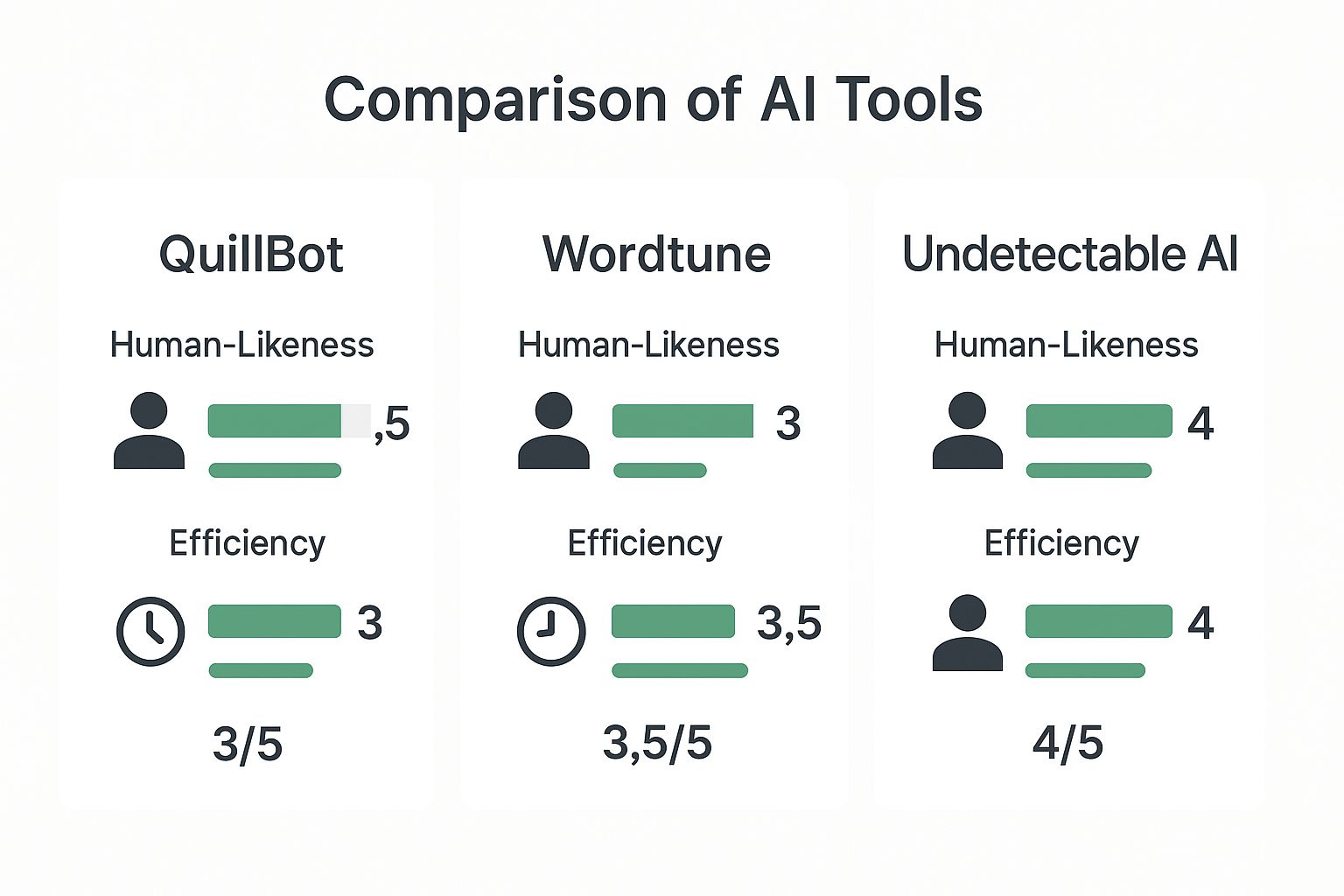 Infographic comparing QuillBot, Wordtune, and Undetectable AI on human-likeness and efficiency scores.