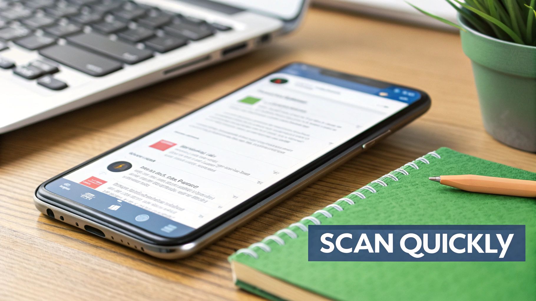 A smartphone displaying an email inbox on a wooden desk with a laptop, notebook, and pen.
