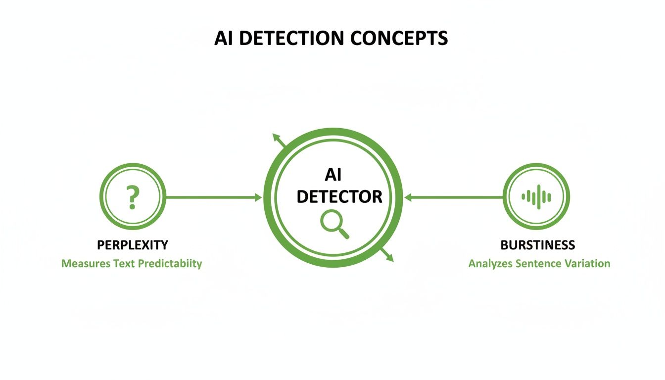 Diagram illustrating AI detection concepts, showing perplexity and burstiness as key metrics.