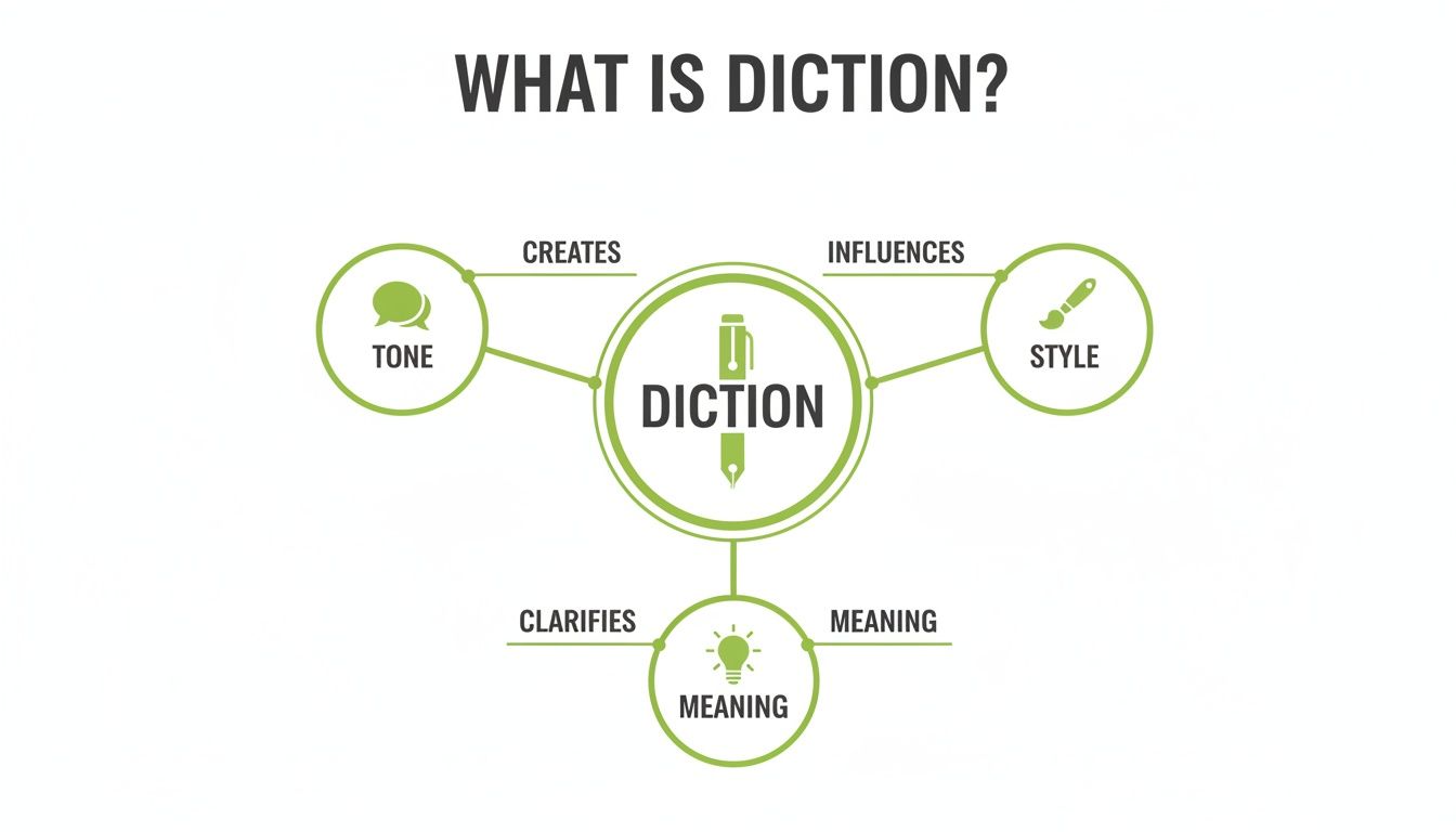 A diagram illustrating how diction creates tone, influences style, and clarifies meaning in writing.