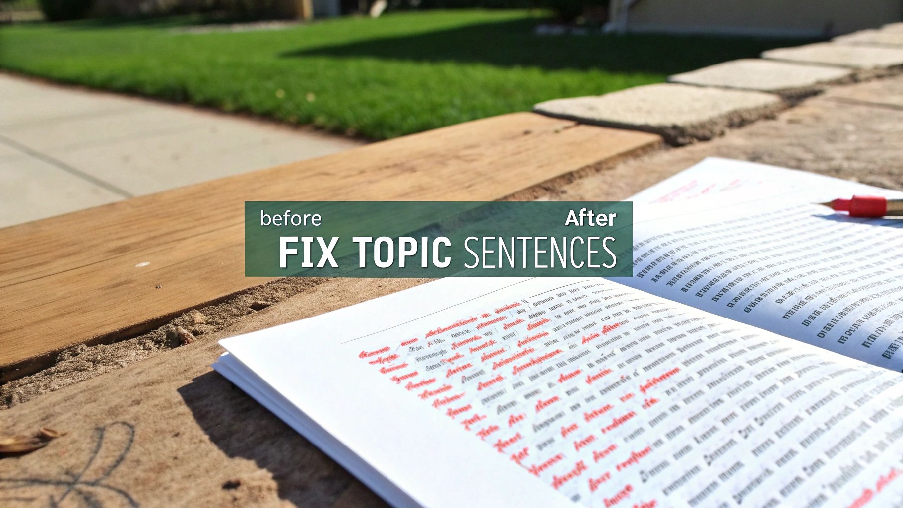 An open book with red edits and a red pen on a wooden surface, showing 'FIX TOPIC SENTENCES' banner.