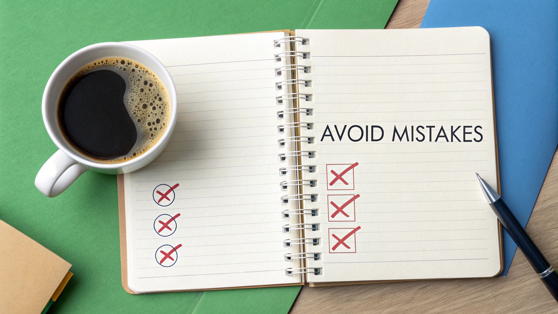 A notebook open to a page with 'AVOID MISTAKES' and a checklist of red 'X' marks.