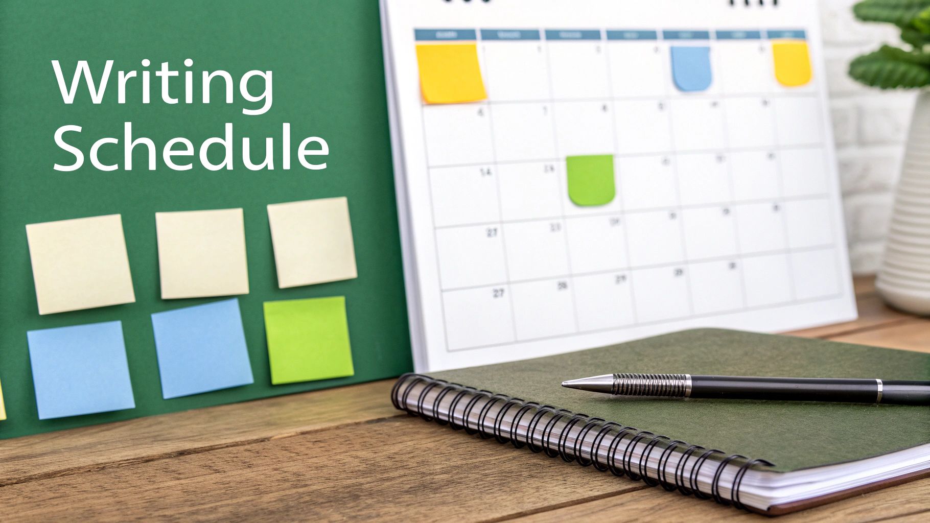 A 'Writing Schedule' board with sticky notes, a calendar, and a pen for planning.