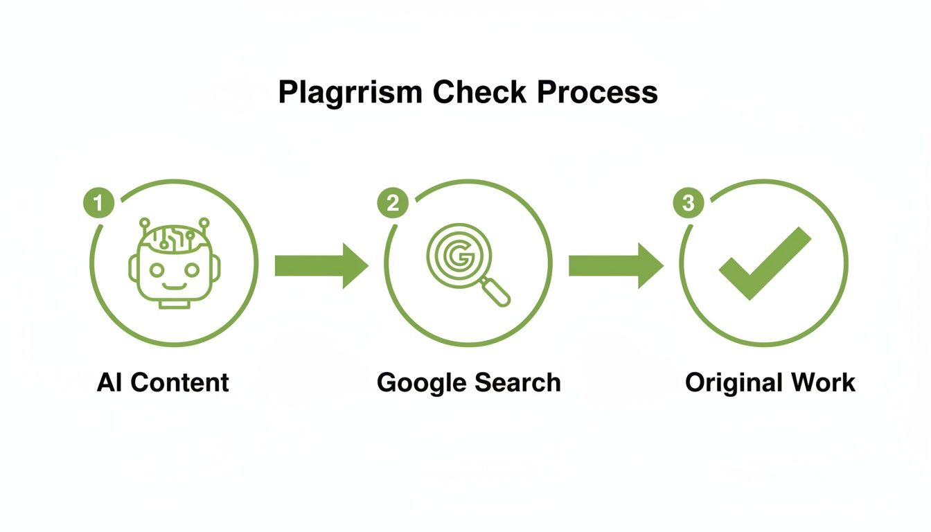 Diagram showing a three-step plagiarism check process for AI content using Google search.
