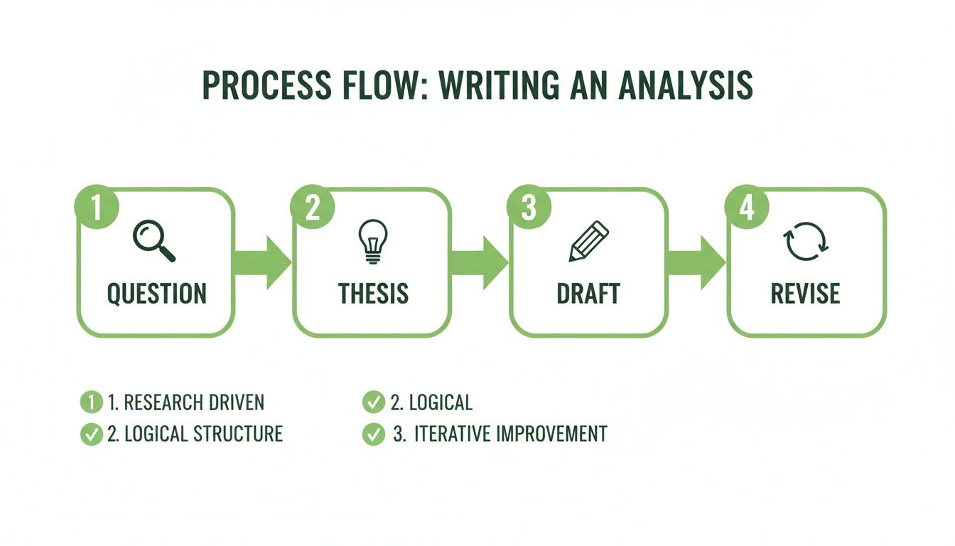 A clear infographic illustrating the four-step process for writing an analysis, including question, thesis, draft, and revise.