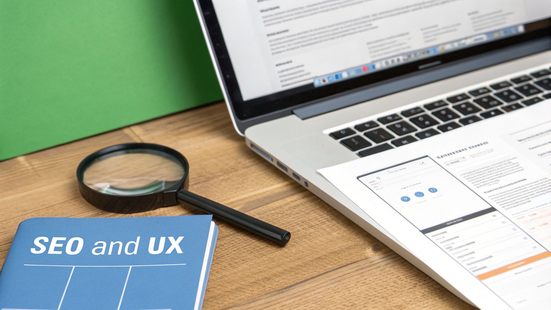 Laptop, magnifying glass, and 'SEO and UX' notebook on a wooden desk, representing digital strategy.