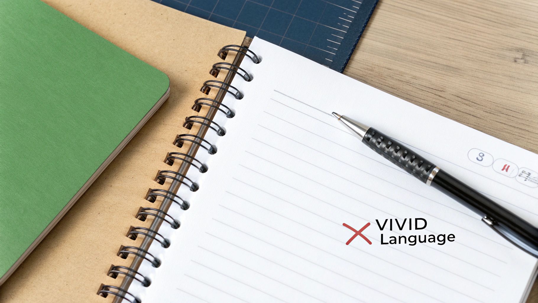 A top-down view of an open spiral notebook with 'VIVID Language' marked by a red X, beside a black pen.