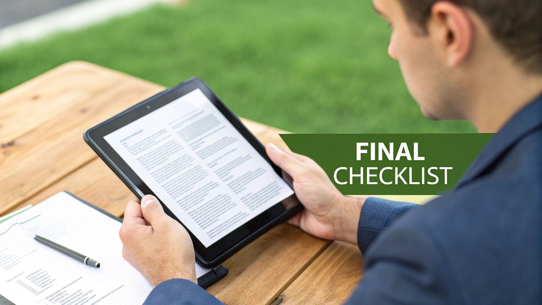 A man reviews a 'Final Checklist' on a tablet and paper documents on a wooden table outdoors.