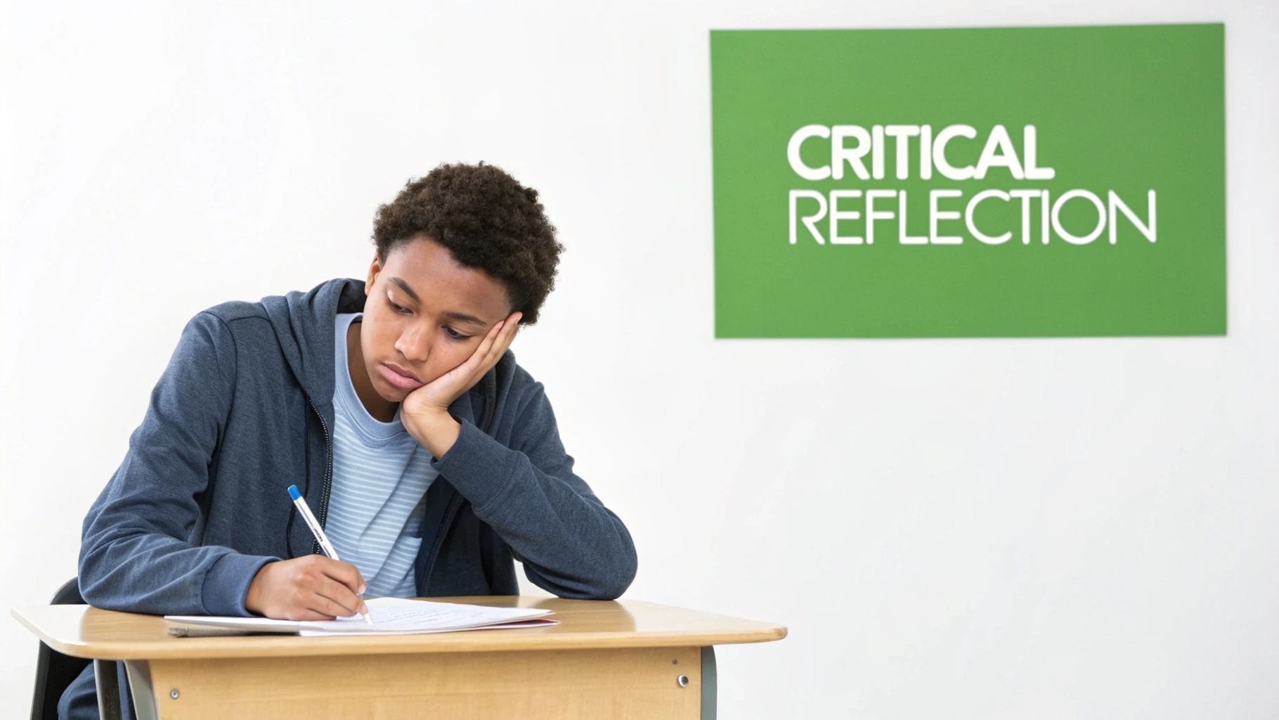 A thoughtful student sits at a desk, writing on paper, with a "CRITICAL REFLECTION" sign behind them.