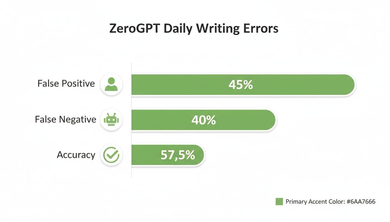 Bar chart displaying ZeroGPT daily writing errors: 45% false positive, 40% false negative, and 57.5% accuracy.