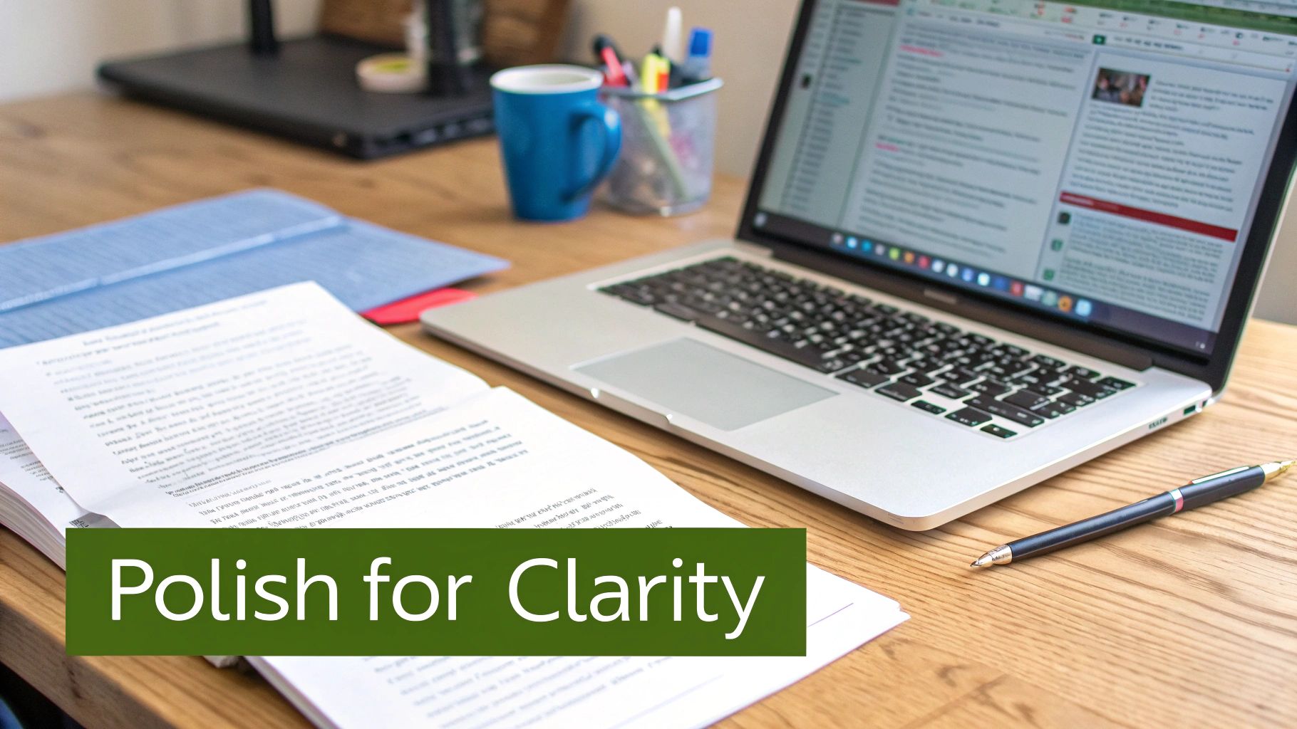 A laptop, stacked documents, and a pen on a wooden desk, with 'Polish for Clarity' overlay.