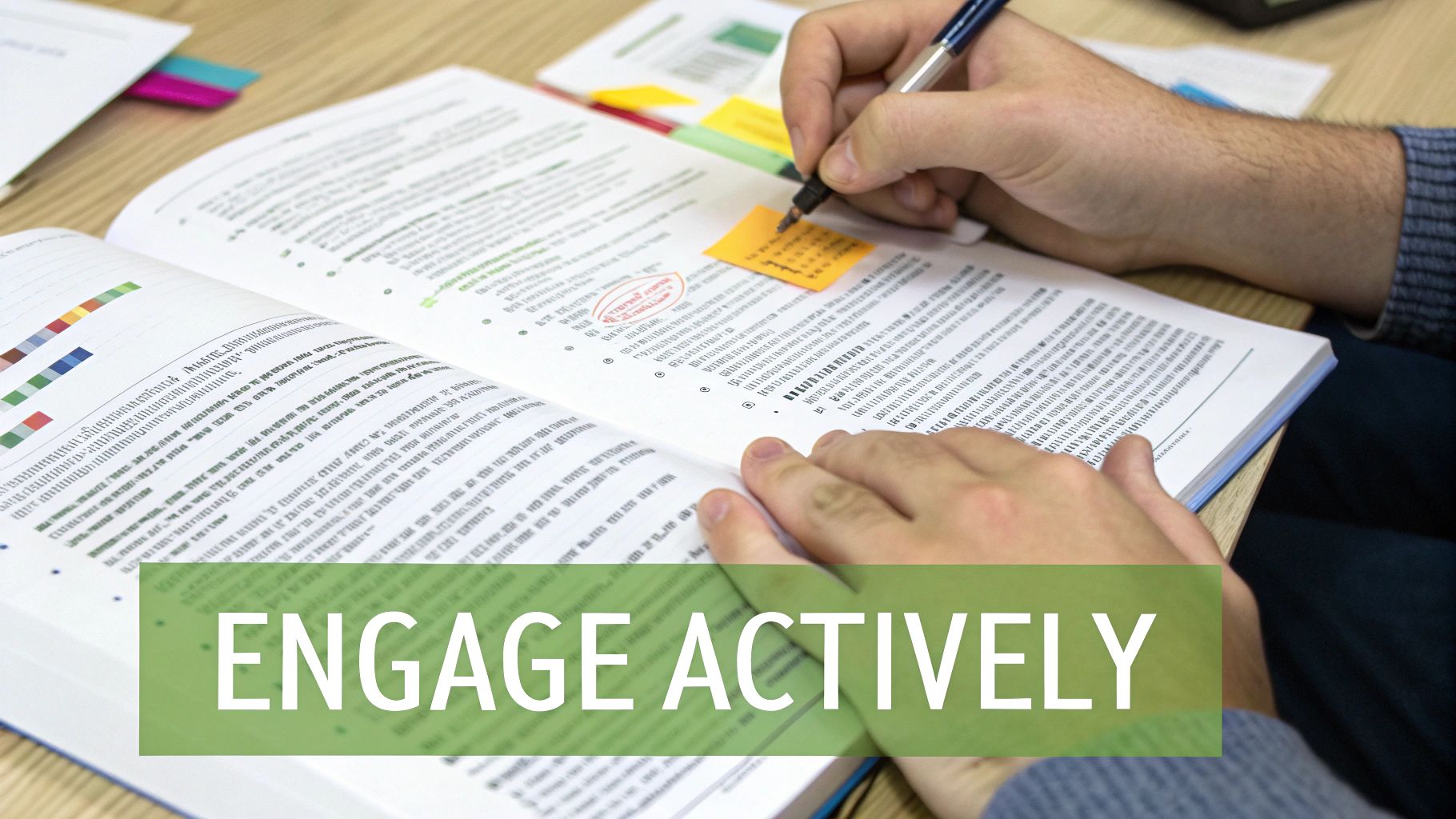 Hands actively taking notes in an open textbook with a pen and sticky notes, promoting active engagement.