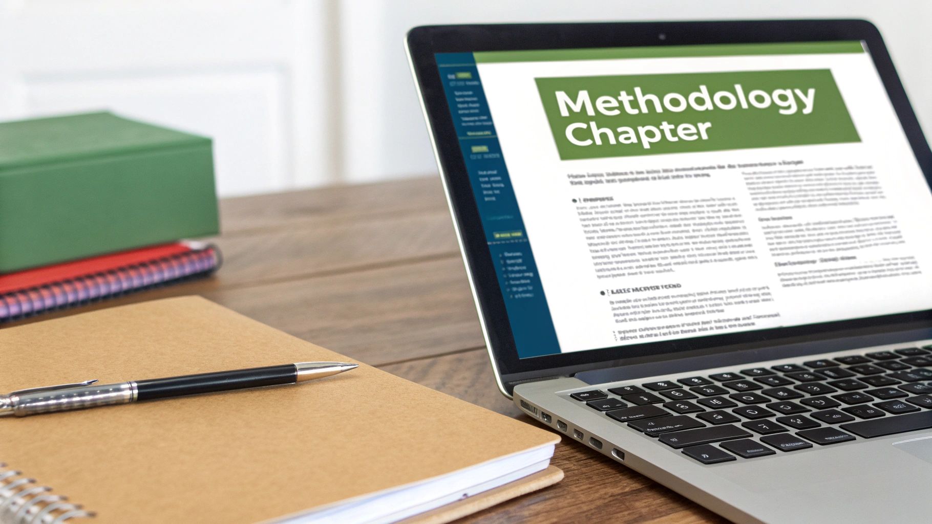 A laptop displays a 'Methodology Chapter' document, with a notebook and pen on a wooden desk.