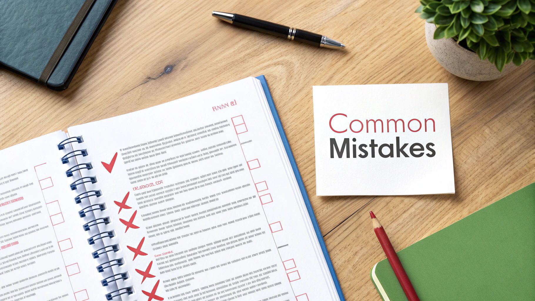 Desk with open notebook showing checked and crossed-out items, next to a 'Common Mistakes' note.