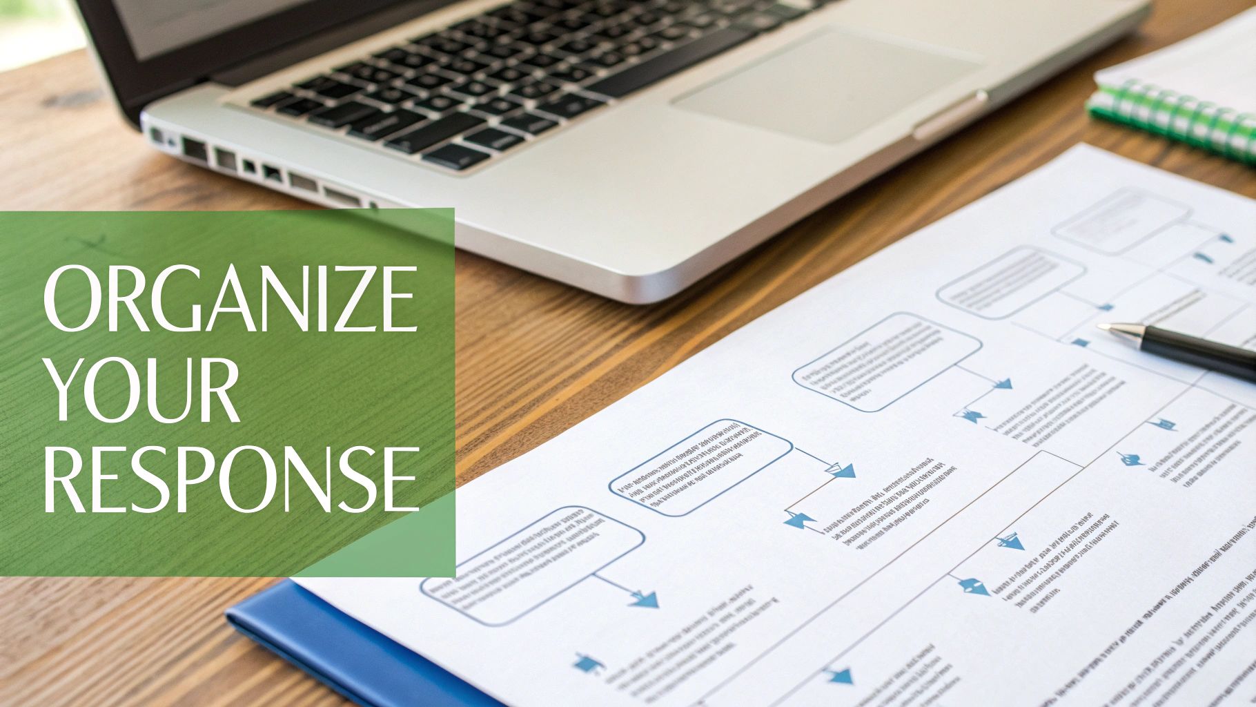 A professional desk setup with a laptop, paper showing a flowchart, a pen, and text "ORGANIZE YOUR RESPONSE."