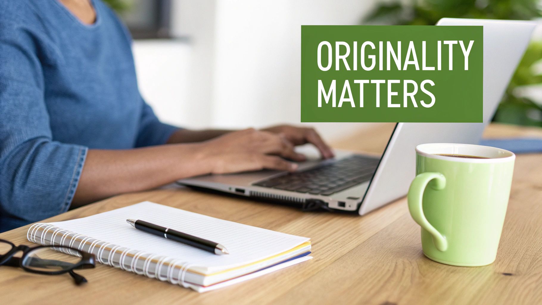 A person's hands typing on a laptop with a lightbulb icon floating above, symbolizing original ideas and creativity.