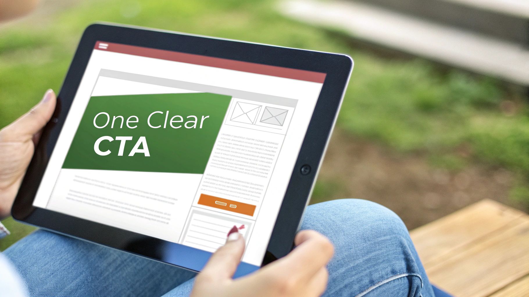 A person holds a tablet displaying a webpage with a prominent green section saying 'One Clear CTA'.
