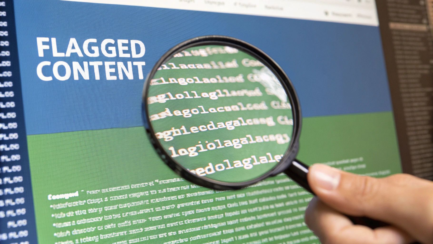 A magnifying glass hovering over a computer screen, symbolizing the process of AI detection on digital text.