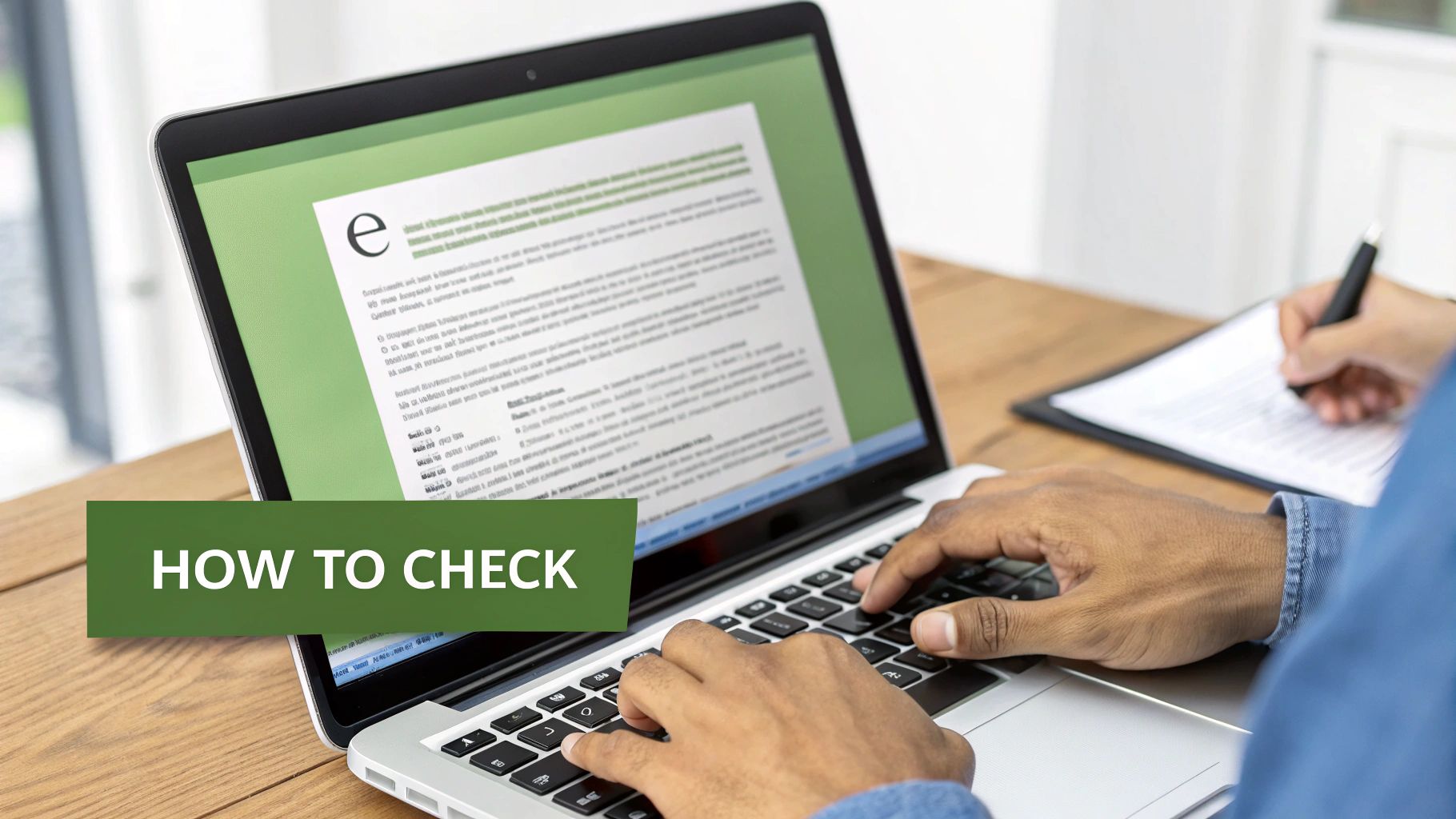 Close-up of hands typing on a laptop, reviewing a document, with another person taking notes nearby.