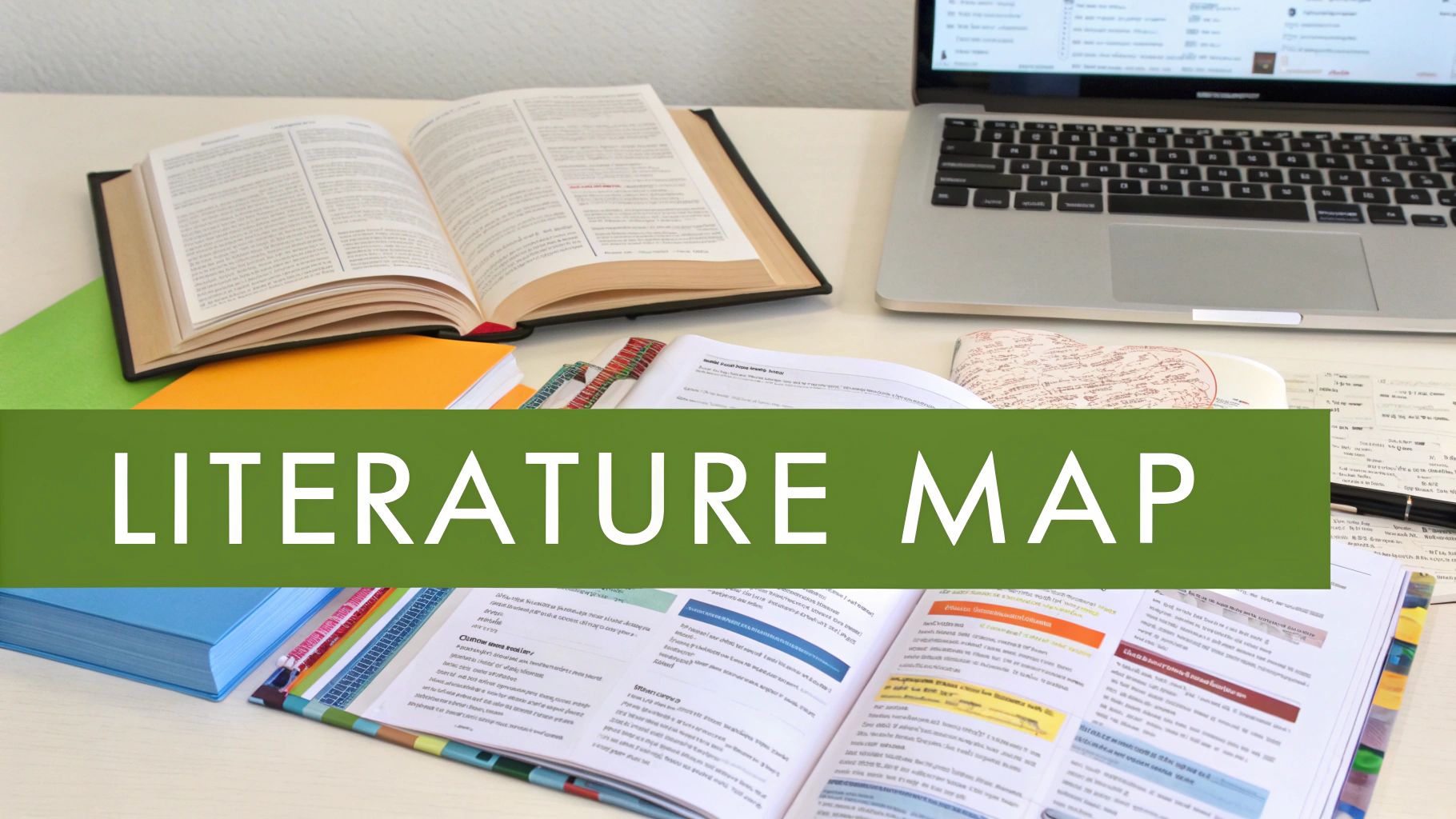 Overhead shot of a study desk with open books, laptop, and papers, with 'LITERATURE MAP' banner.