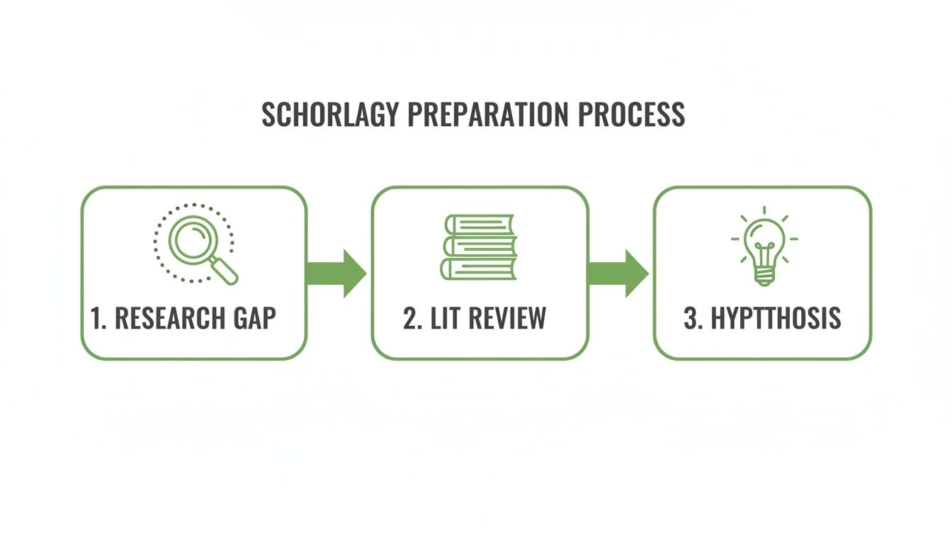 A diagram outlining the scholarly preparation process: research gap, literature review, and hypothesis formulation.