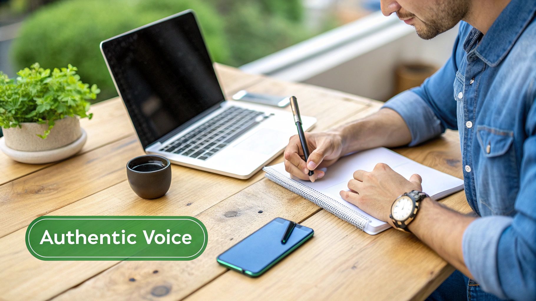 A person writes in a notebook on a wooden table with a laptop, coffee cup, and smartphone.