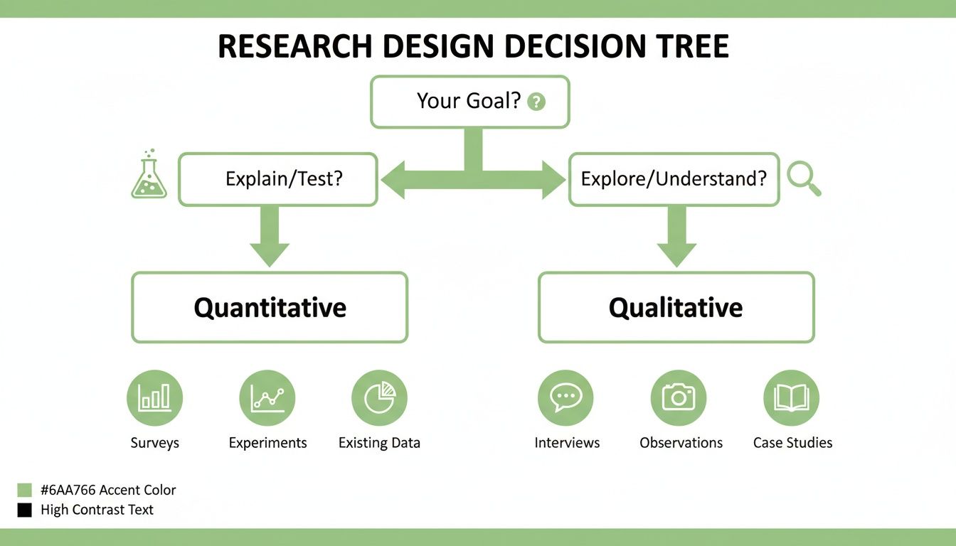 A research design decision tree diagram outlining the choice between quantitative and qualitative methods.