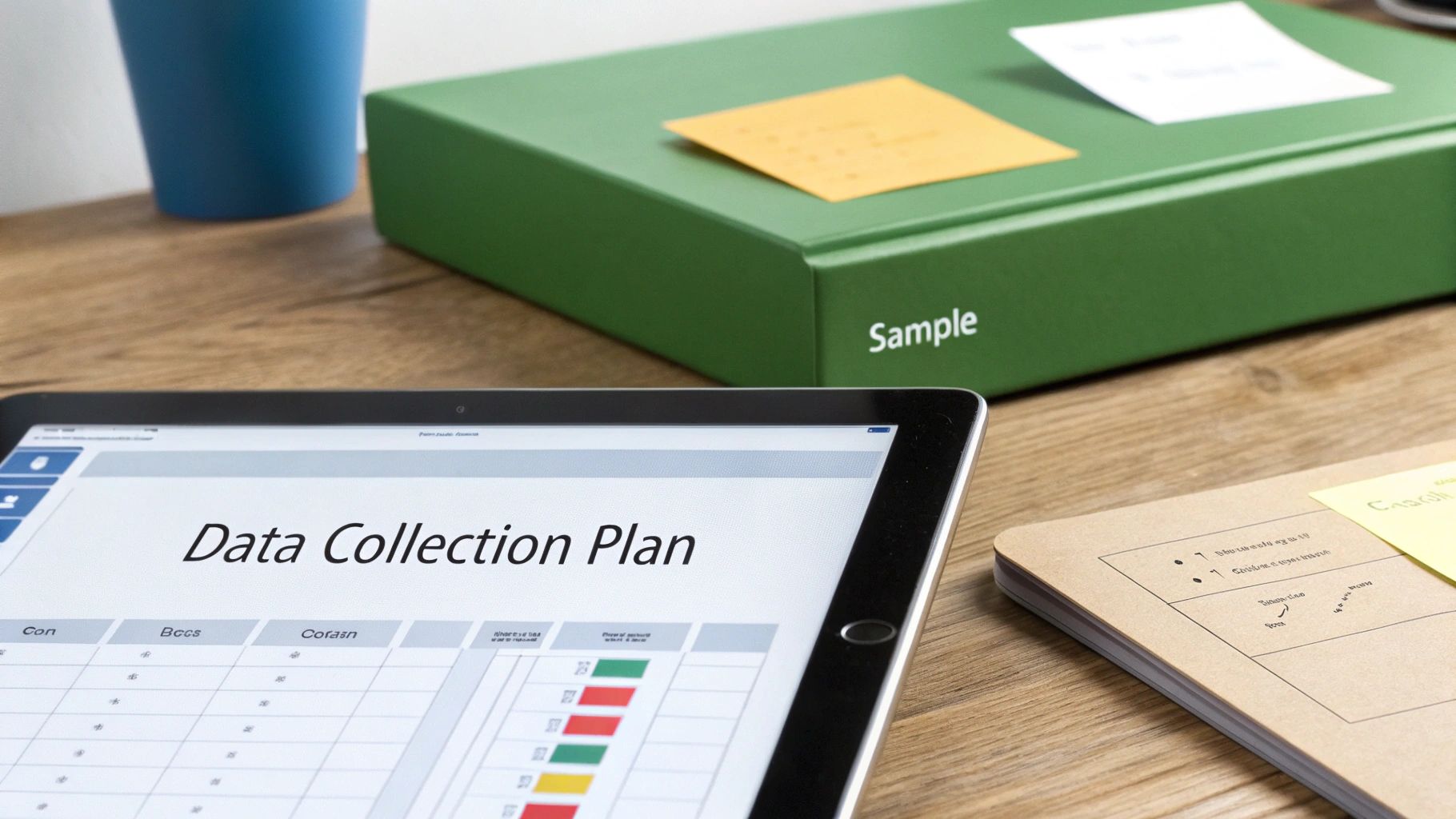 A tablet displays a data collection plan on a wooden desk, alongside a green box and notebook.