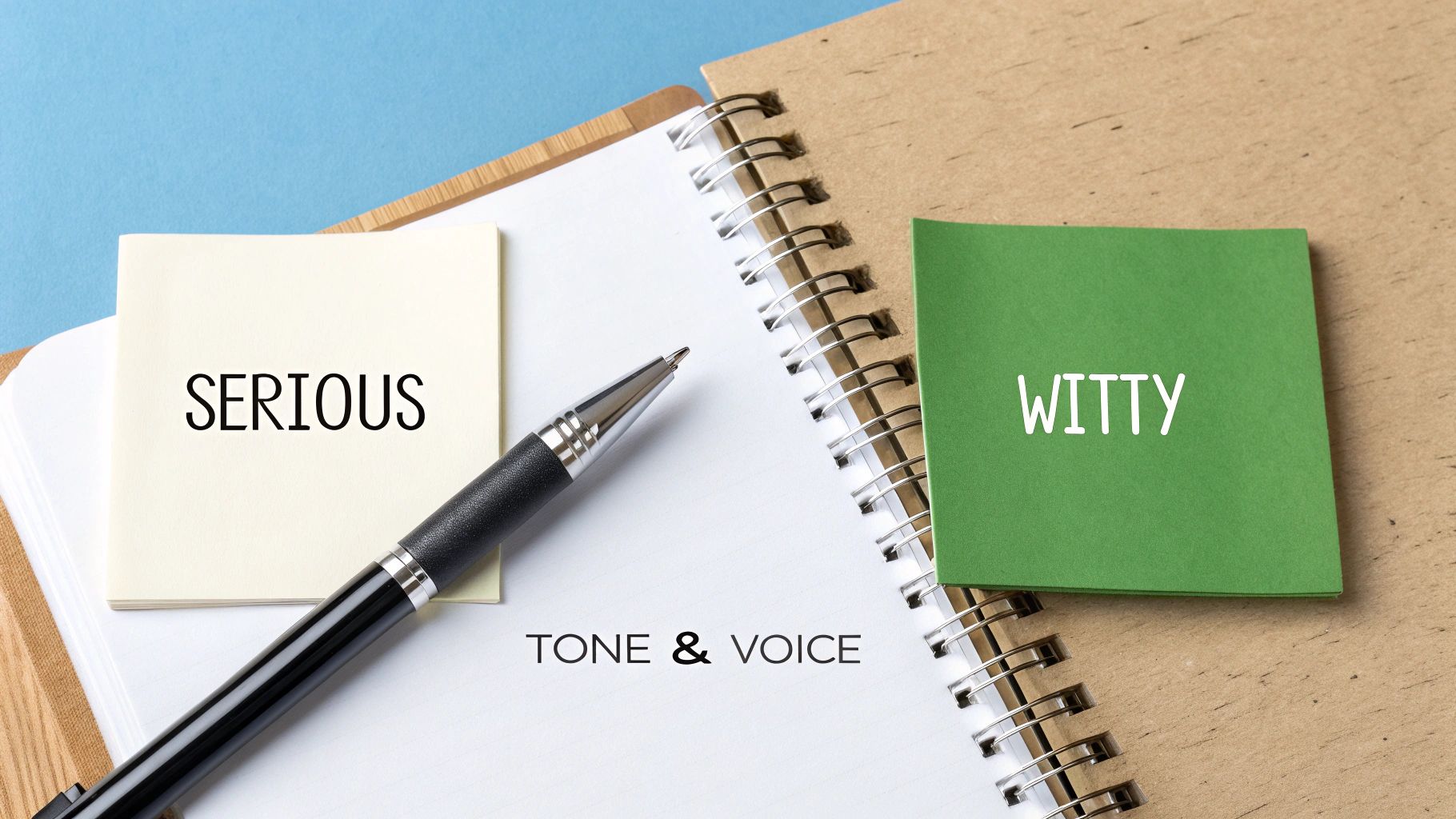 Sticky notes labeled 'SERIOUS' and 'WITTY' on a notebook with a pen, representing tone and voice.