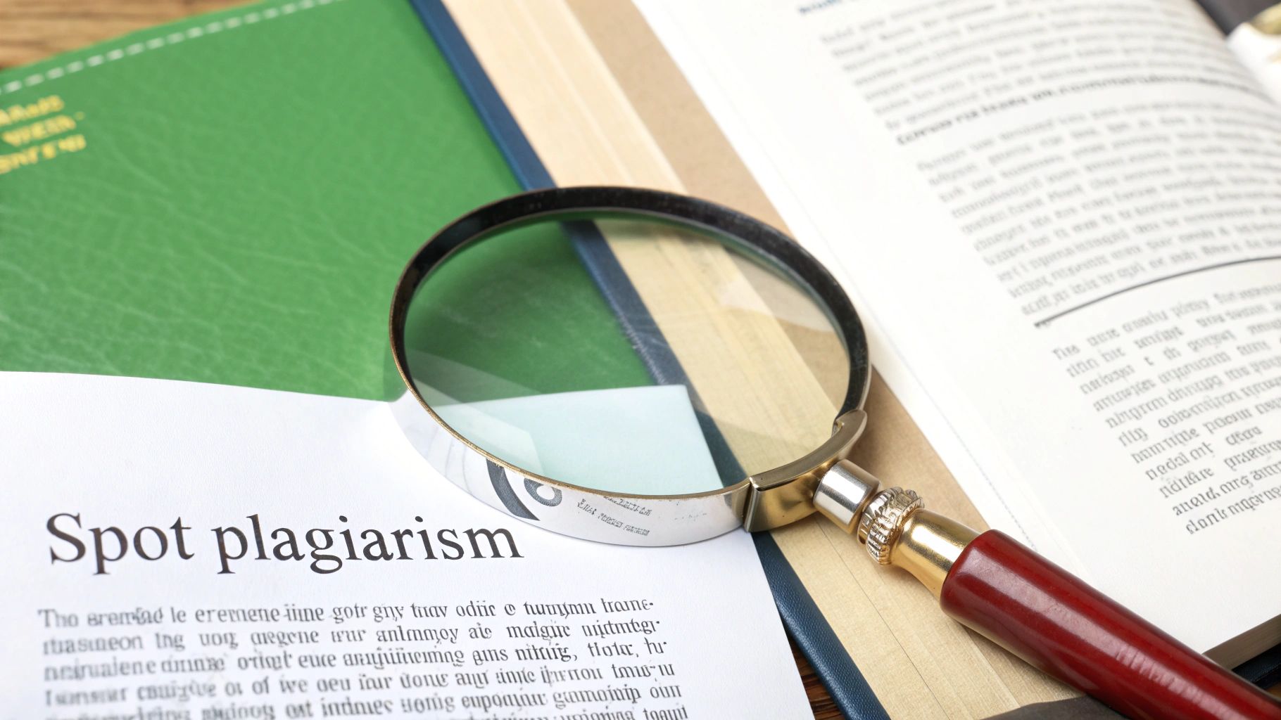 A person examining a document with a magnifying glass, illustrating a close, manual inspection for plagiarism.