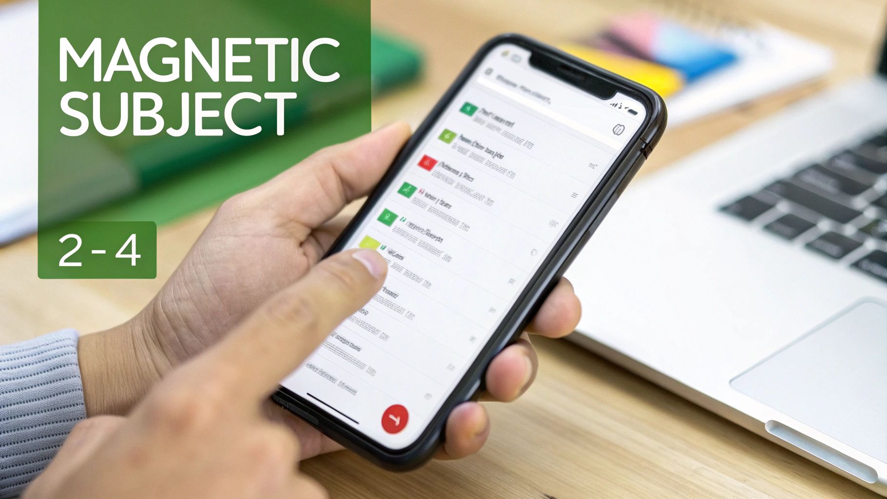 A person is scrolling through an email inbox on a smartphone, with a laptop in the background. Text 'MAGNETIC SUBJECT 2-4' is visible.