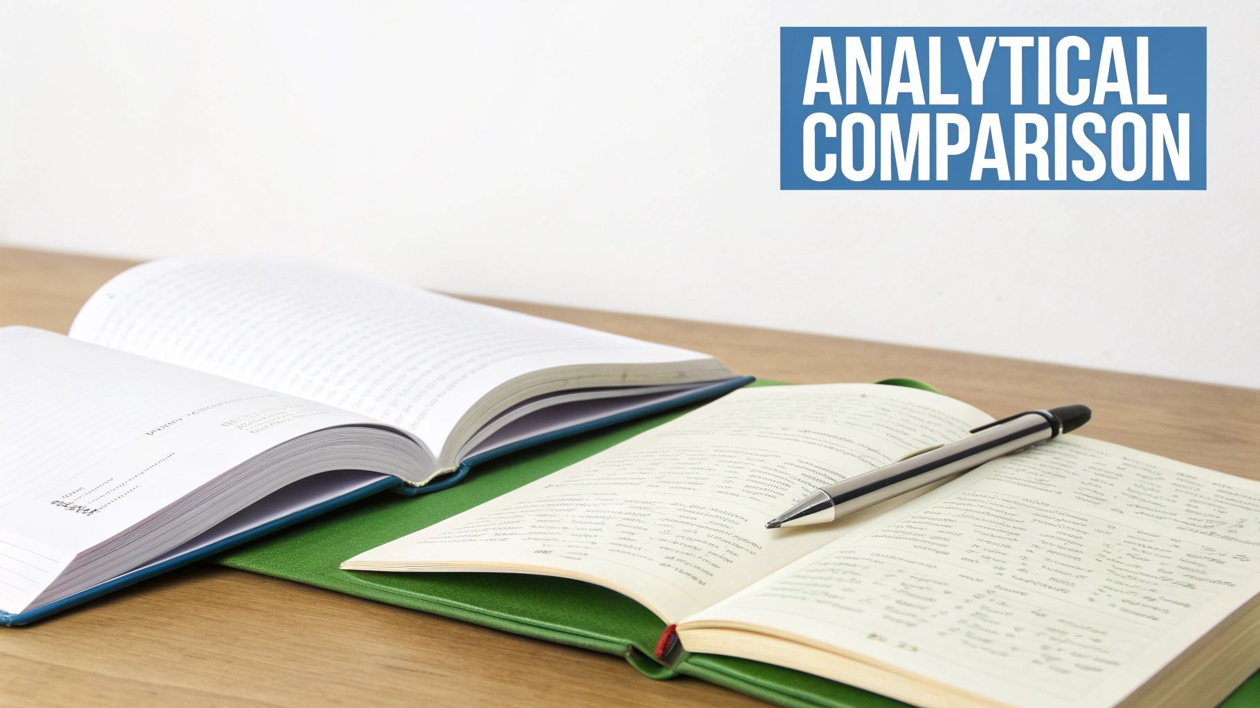 Open books and pen on wooden desk with analytical comparison text overlay for academic writing