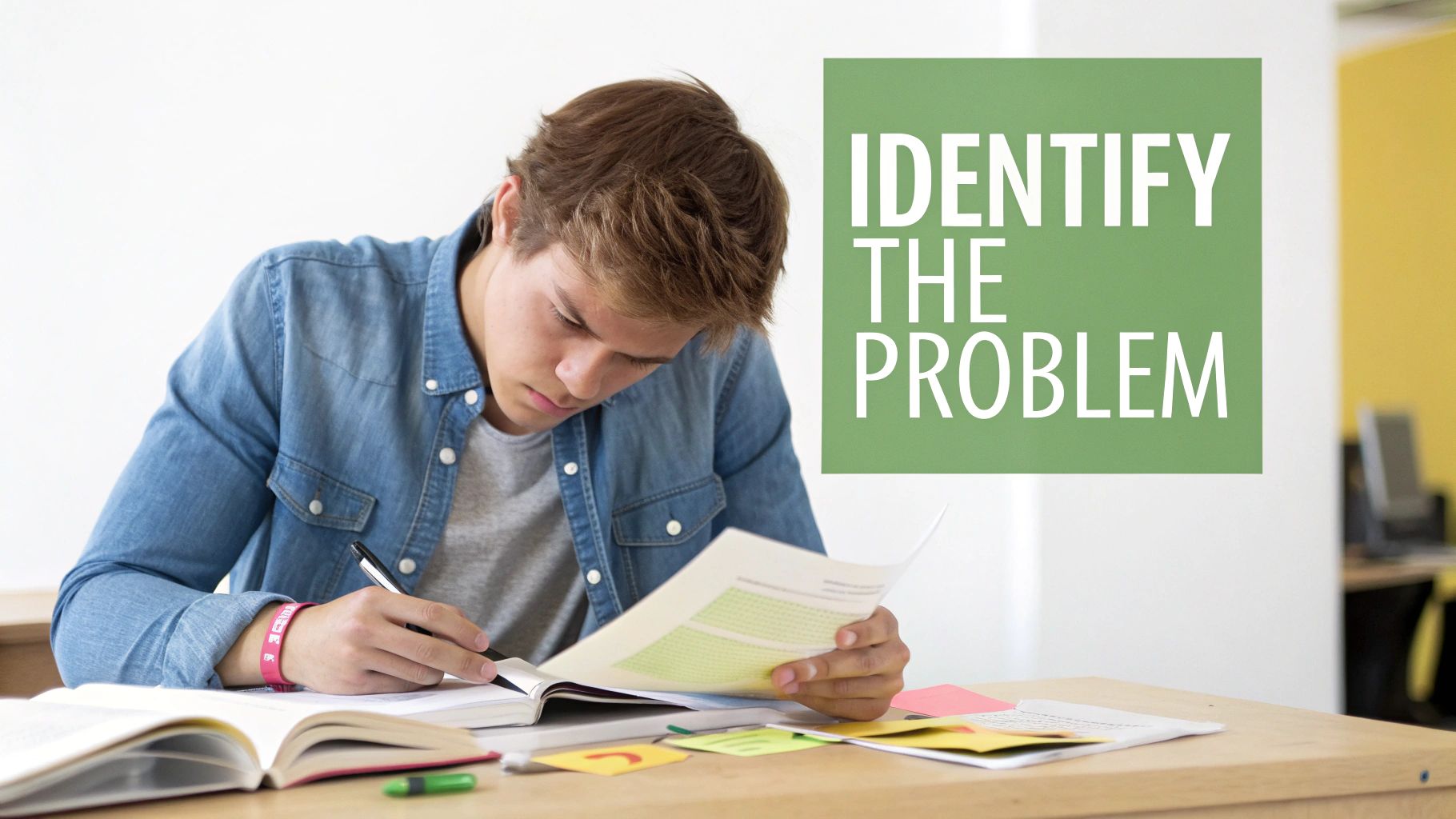 A young man intensely studying at a desk with books and papers, facing the text 'IDENTIFY THE PROBLEM'.